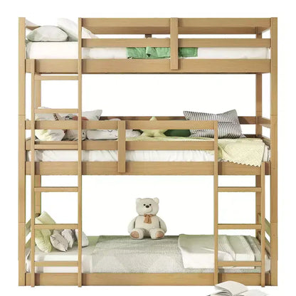 MAYEERTY Letto a Castello Triplo in Legno di Gomma con Due Scalette Integrate Spondine Letto a Castello Triplo Staccabile con Due Letti Gemelli Naturale
