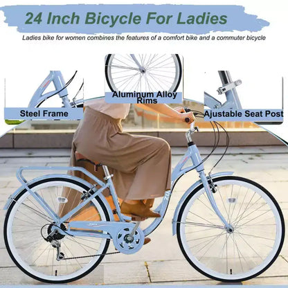 NAYSAYE 24 Beach Cruiser Bike for Women Ladies Bike 7 Speed Complete Cruiser Bikes with Dual V-Brake, Adult City Bike for Women, Men