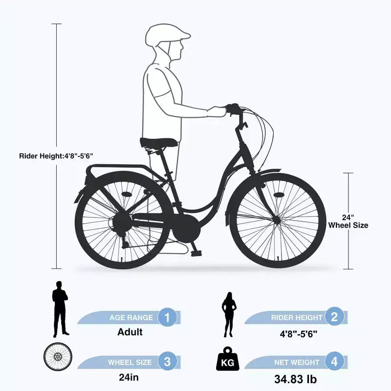 NAYSAYE 24 Beach Cruiser Bike for Women Ladies Bike 7 Speed Complete Cruiser Bikes with Dual V-Brake, Adult City Bike for Women, Men