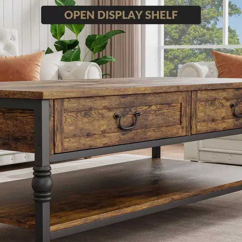 Tavolino da salotto vintage in legno con 2 cassetti e ripiano aperto,