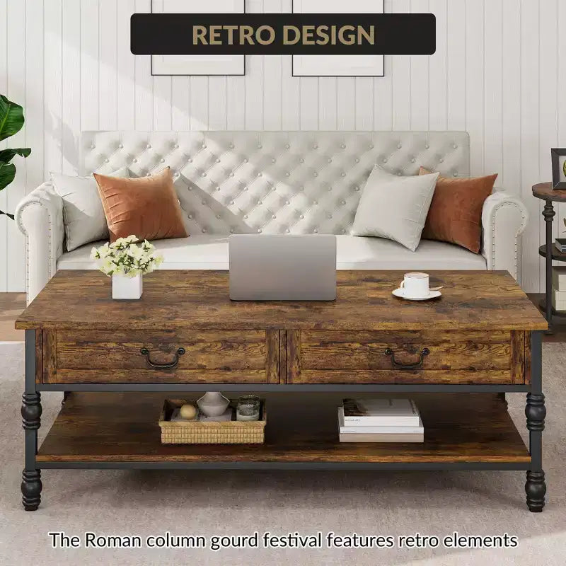 Tavolino da salotto vintage in legno con 2 cassetti e ripiano aperto,
