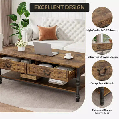 Tavolino da salotto vintage in legno con 2 cassetti e ripiano aperto,