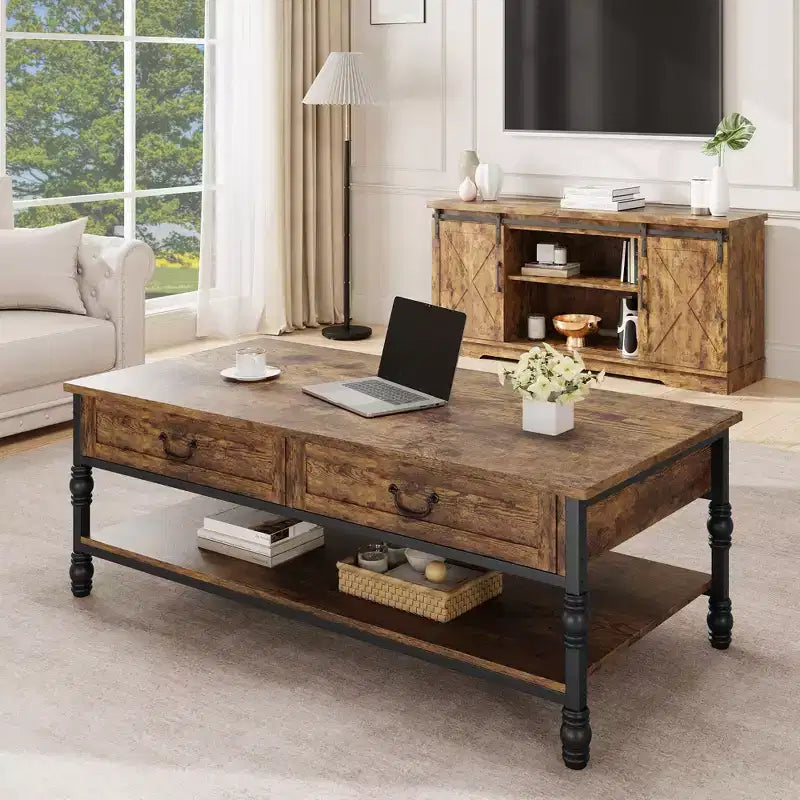 Tavolino da salotto vintage in legno con 2 cassetti e ripiano aperto,