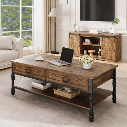 Tavolino da salotto vintage in legno con 2 cassetti e ripiano aperto,
