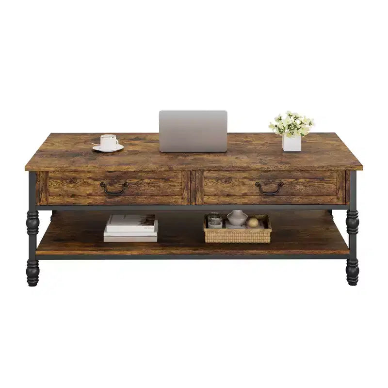 Tavolino da salotto vintage in legno con 2 cassetti e ripiano aperto,