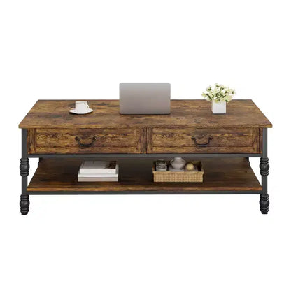 Tavolino da salotto vintage in legno con 2 cassetti e ripiano aperto,