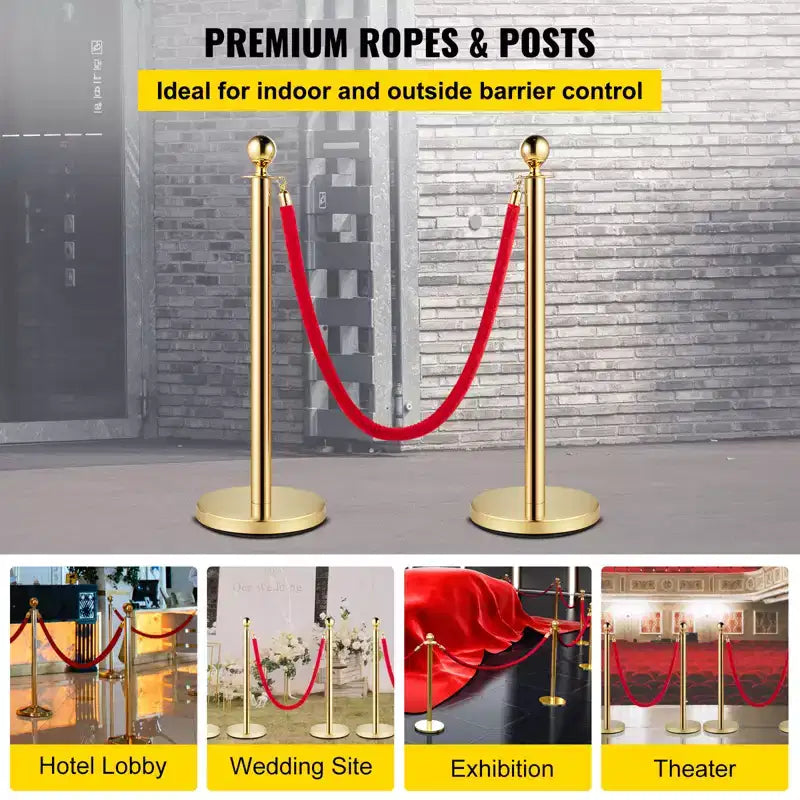 VEVOR Velvet Ropes and Posts, 5 ft/1.5 m Red Rope, Stainless Steel Gold Stanchion with Ball Top, Red Crowd Control Barrier Used for Theaters, Gold