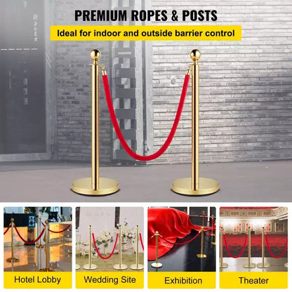 VEVOR Velvet Ropes and Posts, 5 ft/1.5 m Red Rope, Stainless Steel Gold Stanchion with Ball Top, Red Crowd Control Barrier Used for Theaters, Gold