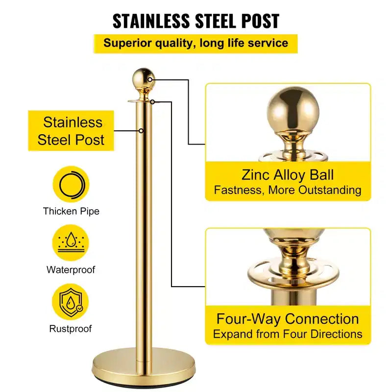VEVOR Velvet Ropes and Posts, 5 ft/1.5 m Red Rope, Stainless Steel Gold Stanchion with Ball Top, Red Crowd Control Barrier Used for Theaters, Gold