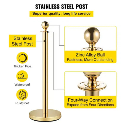 VEVOR Velvet Ropes and Posts, 5 ft/1.5 m Red Rope, Stainless Steel Gold Stanchion with Ball Top, Red Crowd Control Barrier Used for Theaters, Gold