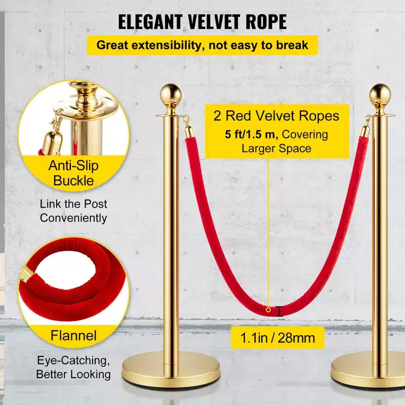 VEVOR Velvet Ropes and Posts, 5 ft/1.5 m Red Rope, Stainless Steel Gold Stanchion with Ball Top, Red Crowd Control Barrier Used for Theaters, Gold