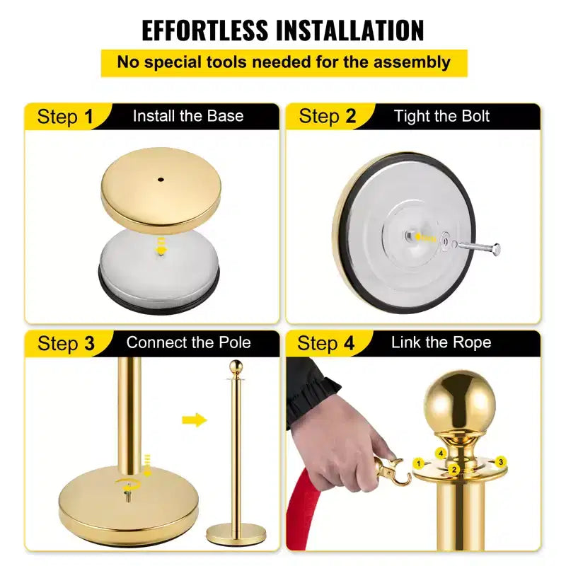 VEVOR Velvet Ropes and Posts, 5 ft/1.5 m Red Rope, Stainless Steel Gold Stanchion with Ball Top, Red Crowd Control Barrier Used for Theaters, Gold