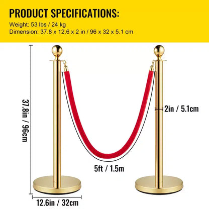 VEVOR Velvet Ropes and Posts, 5 ft/1.5 m Red Rope, Stainless Steel Gold Stanchion with Ball Top, Red Crowd Control Barrier Used for Theaters, Gold