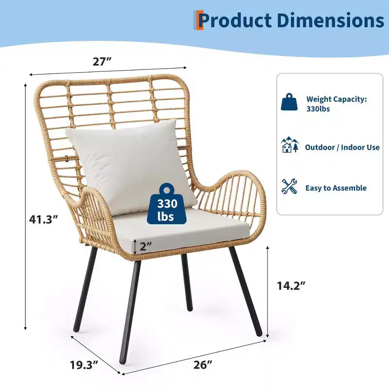 Set di 2 sedie in vimini per esterni, sedia da patio in vimini per interni/esterni, sedia club per tutte le stagioni con cuscini resistenti all'acqua