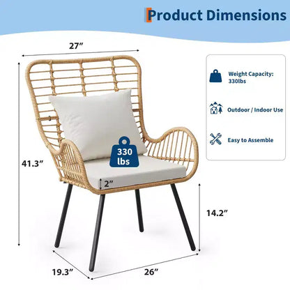 Set di 2 sedie in vimini per esterni, sedia da patio in vimini per interni/esterni, sedia club per tutte le stagioni con cuscini resistenti all'acqua