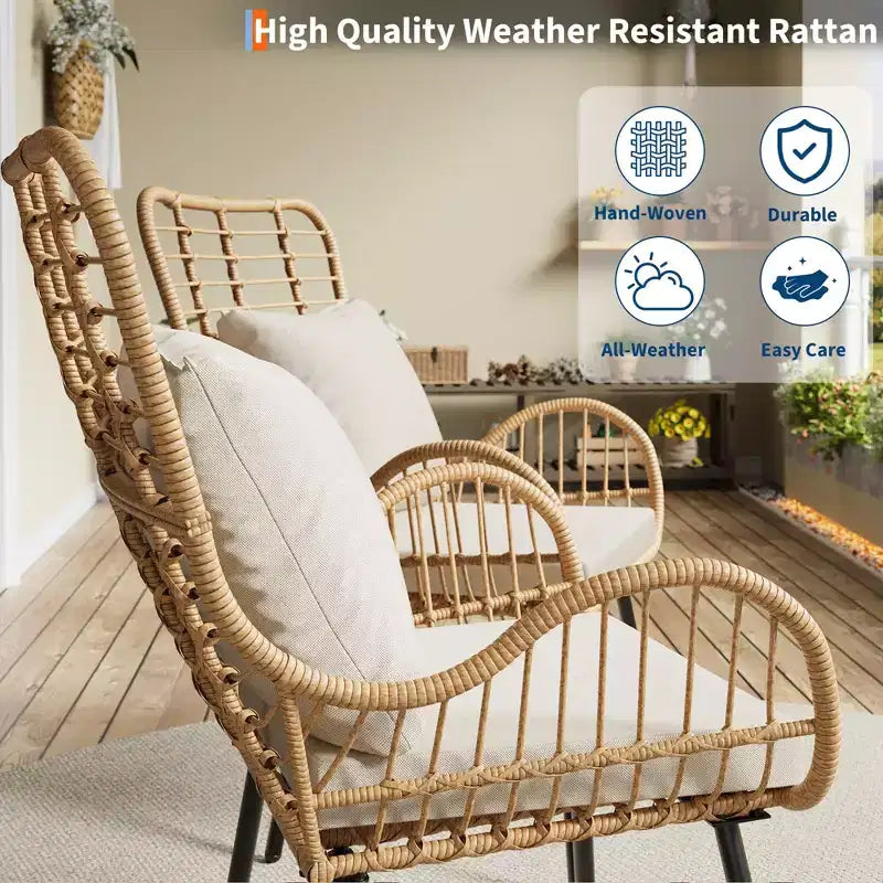 Set di 2 sedie in vimini per esterni, sedia da patio in vimini per interni/esterni, sedia club per tutte le stagioni con cuscini resistenti all'acqua