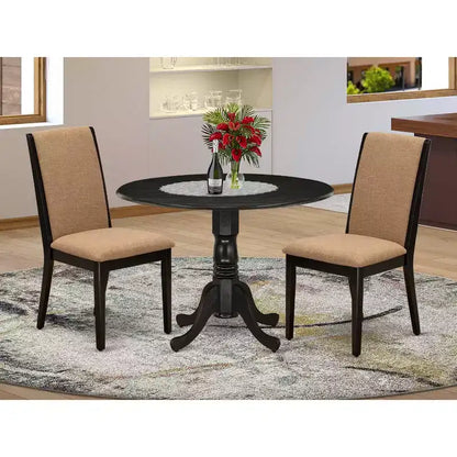 Set da pranzo rotondo in legno massello spazzolato nero, 3 pezzi - 4 posti a sedere