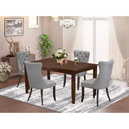 Set da pranzo a 5 pezzi in legno massello con finitura in mogano e piano imbottito rettangolare - 4 posti a sedere