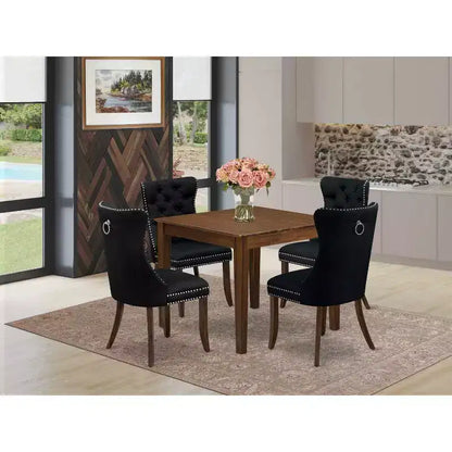 5-Piece Antique Walnut Finish Solid Wood Top - Square Upholstered Dining Room Set - Seats 4
