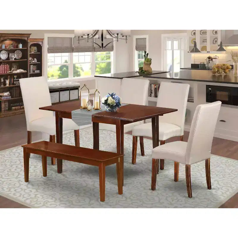 Set da Pranzo Rustico da 6 Pezzi - Tavolo da Cucina con Prolunga e 4 Sedie in Lino, Panca - 81x152 cm