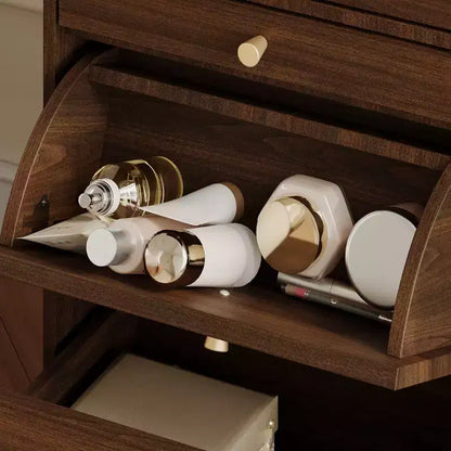 Famapy Cassettiera con rotelle in noce Specchio LED + Vani portaoggetti multistrato + Piano di lavoro pieghevole