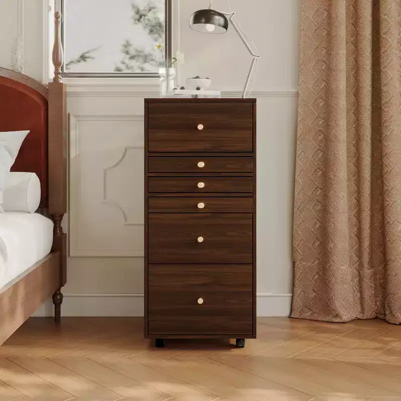 Famapy Cassettiera con rotelle in noce Specchio LED + Vani portaoggetti multistrato + Piano di lavoro pieghevole
