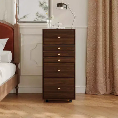 Famapy Cassettiera con rotelle in noce Specchio LED + Vani portaoggetti multistrato + Piano di lavoro pieghevole