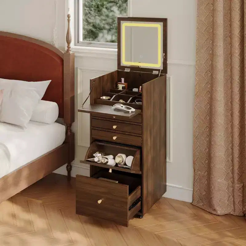 Famapy Cassettiera con rotelle in noce Specchio LED + Vani portaoggetti multistrato + Piano di lavoro pieghevole