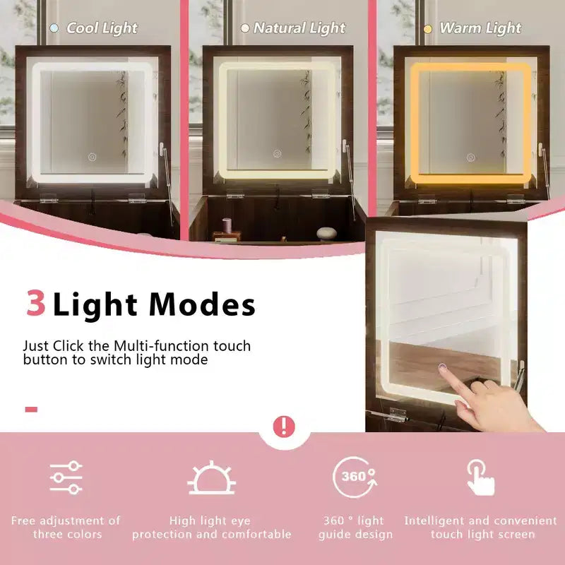 Famapy Cassettiera con rotelle in noce Specchio LED + Vani portaoggetti multistrato + Piano di lavoro pieghevole