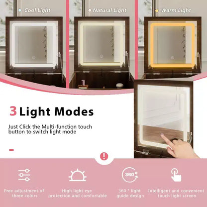 Famapy Cassettiera con rotelle in noce Specchio LED + Vani portaoggetti multistrato + Piano di lavoro pieghevole