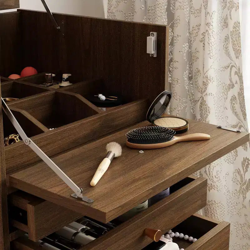 Famapy Cassettiera con rotelle in noce Specchio LED + Vani portaoggetti multistrato + Piano di lavoro pieghevole