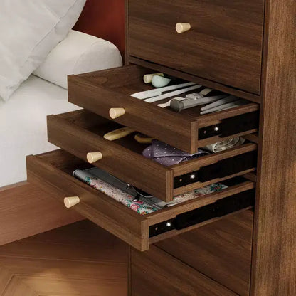 Famapy Cassettiera con rotelle in noce Specchio LED + Vani portaoggetti multistrato + Piano di lavoro pieghevole