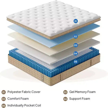 Whisen 14 Materasso ibrido Queen, Materasso con isolamento dal movimento, Materasso in memory foam, Materasso a molle insacchettate