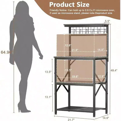 Kitchen Bakers Rack Microwave Stand 4 Tiers Coffee Bar Station with 6 S Hooks Pegboard Black Oak Storage Shelves for Spices