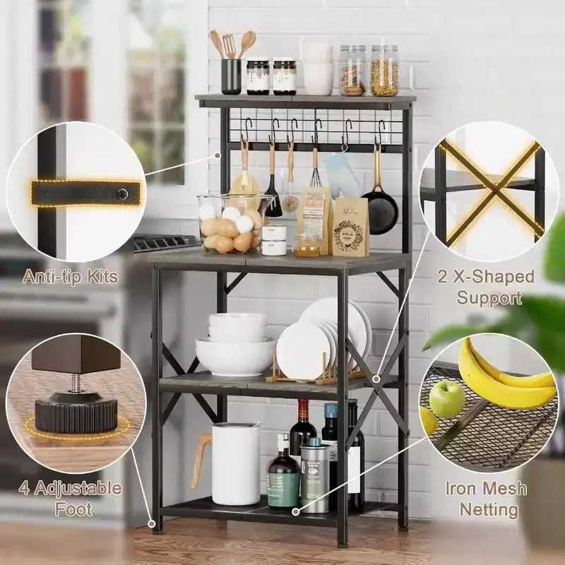 Kitchen Bakers Rack Microwave Stand 4 Tiers Coffee Bar Station with 6 S Hooks Pegboard Black Oak Storage Shelves for Spices