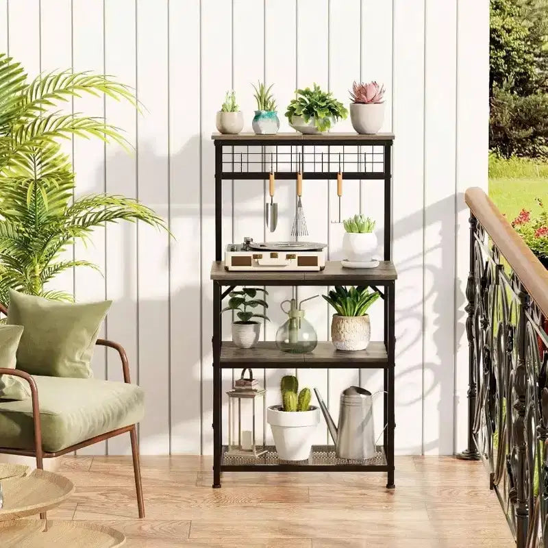 Kitchen Bakers Rack Microwave Stand 4 Tiers Coffee Bar Station with 6 S Hooks Pegboard Black Oak Storage Shelves for Spices