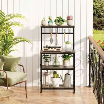 Kitchen Bakers Rack Microwave Stand 4 Tiers Coffee Bar Station with 6 S Hooks Pegboard Black Oak Storage Shelves for Spices
