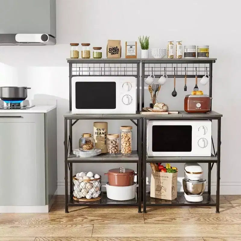 Kitchen Bakers Rack Microwave Stand 4 Tiers Coffee Bar Station with 6 S Hooks Pegboard Black Oak Storage Shelves for Spices