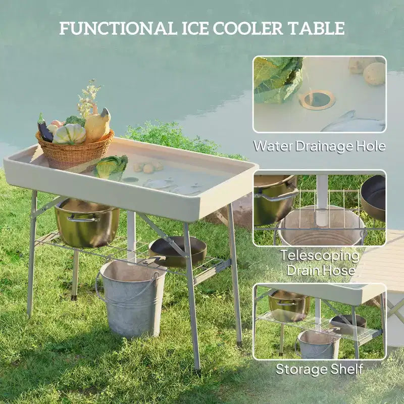 3.4ft Folding Ice Cooler Table with Drain, Fill and Chill Table Outdoor Table Cooler with Storage Shelf, Drink Cooler for Parties Picnic
