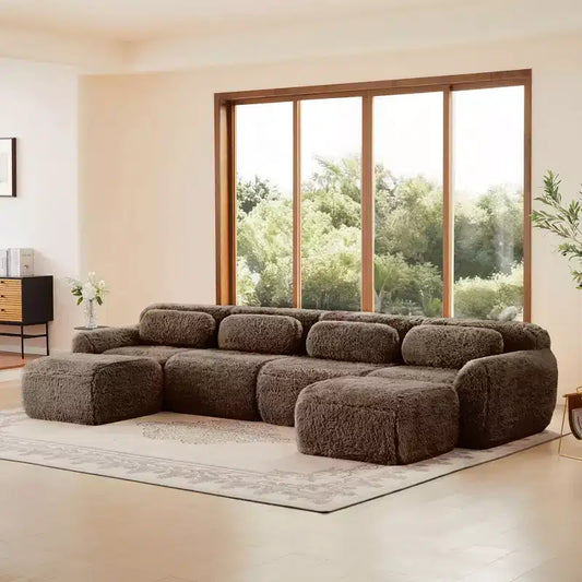 149 inch Light Khaki U-shaped Plush Fabric Boneless Sectional Sofa Couches with Throw Pillows and 2 Ottomans ( Buckle Connection)