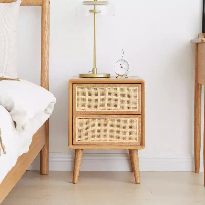 Pure Solid Oak Nightstand with 2 Drawers, Wooden Bedside Cabinet with Rattan Drawer Fronts, Minimalist Bed Side Table - Panipeachy