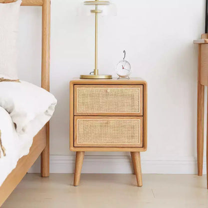 Pure Solid Oak Nightstand with 2 Drawers, Wooden Bedside Cabinet with Rattan Drawer Fronts, Minimalist Bed Side Table - Panipeachy