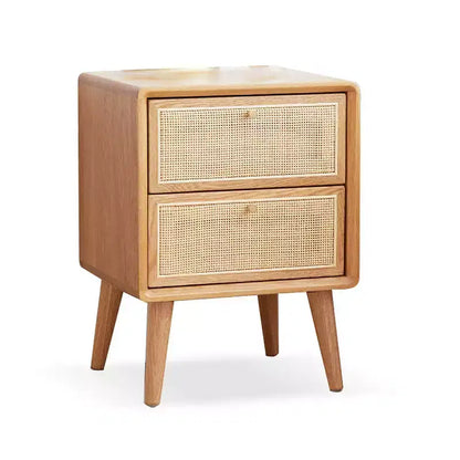 Comodino in puro rovere massiccio con 2 cassetti, mobiletto in legno con frontali in rattan, tavolino laterale minimalista - Panipeachy