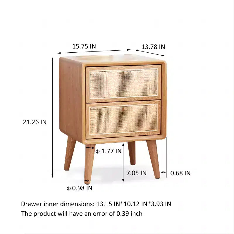 Comodino in puro rovere massiccio con 2 cassetti, mobiletto in legno con frontali in rattan, tavolino laterale minimalista - Panipeachy