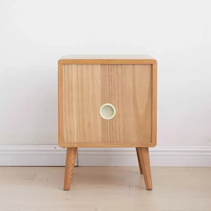 Comodino in puro rovere massiccio con 2 cassetti, mobiletto in legno con frontali in rattan, tavolino laterale minimalista - Panipeachy