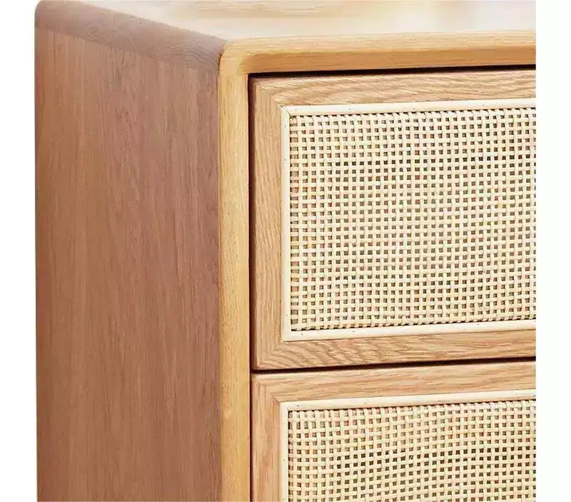 Comodino in puro rovere massiccio con 2 cassetti, mobiletto in legno con frontali in rattan, tavolino laterale minimalista - Panipeachy