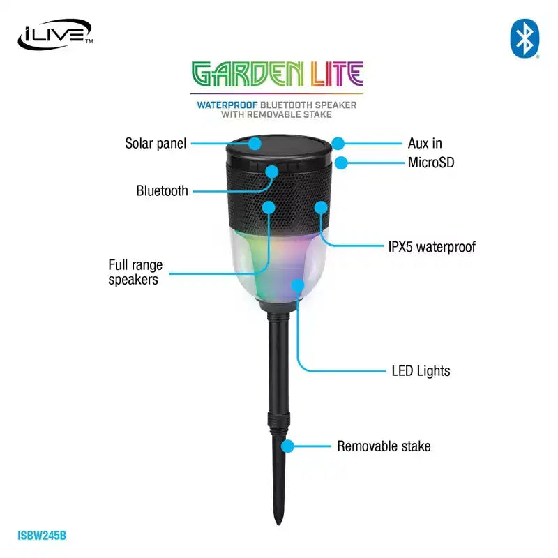 iLive GardenLite Waterproof Bluetooth Speaker with Removable Stake, ISBW245B