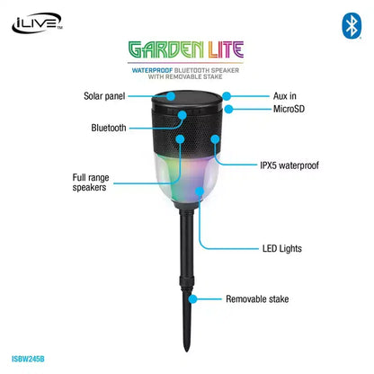 iLive GardenLite Waterproof Bluetooth Speaker with Removable Stake, ISBW245B