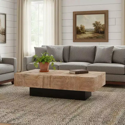 59 Natural and Black Solid Wood Block Coffee Table
