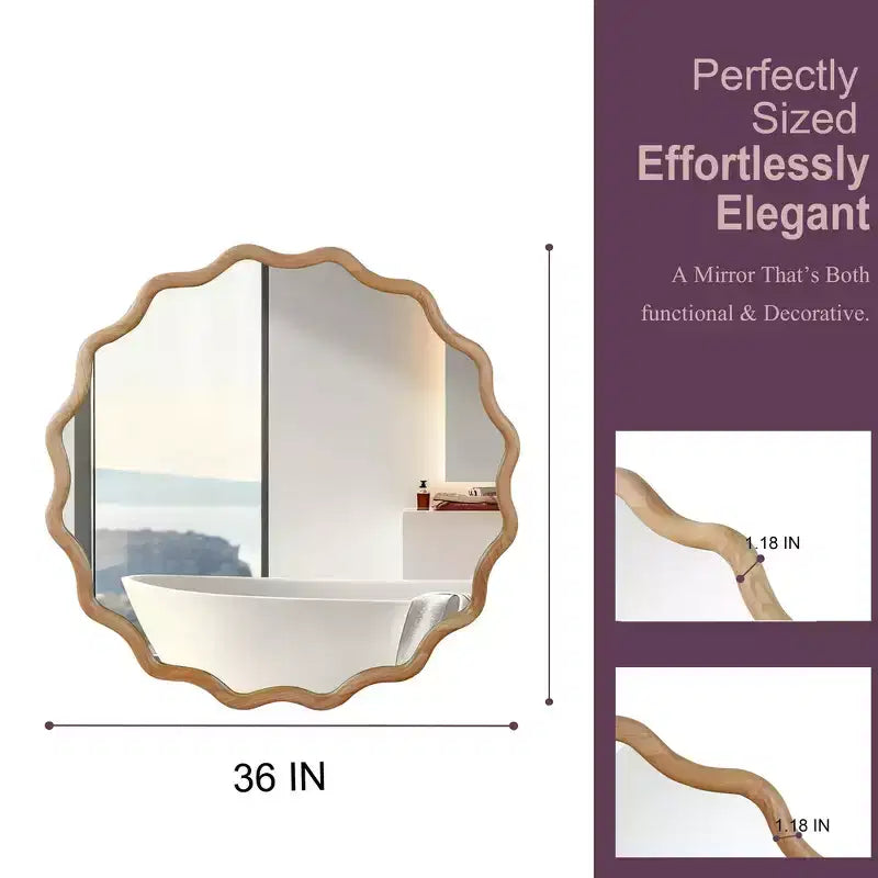 Whisen 36 Wavy Round Decorative Mirror, Solid Wood Frame, Entryway